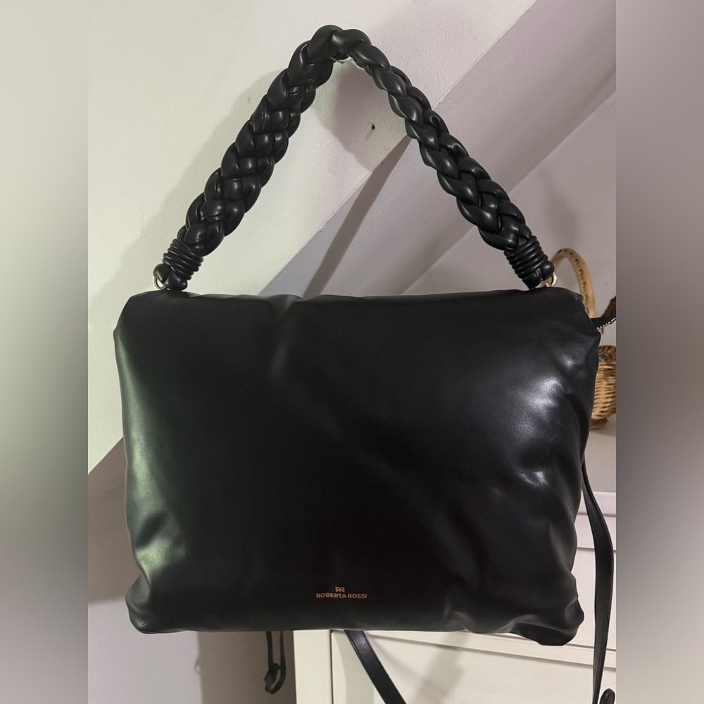 Roberta Rossi Black Leather Shoulder Bag with Braided Handle NWOT